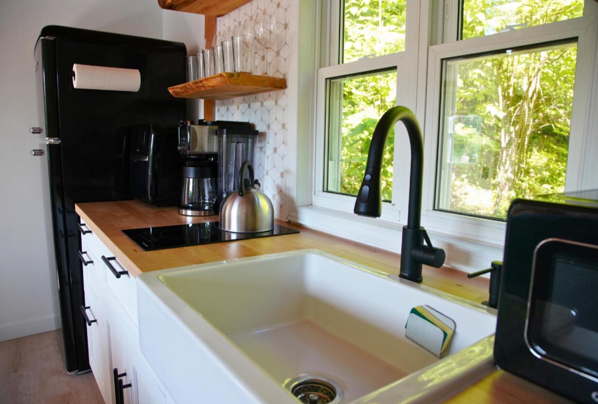Cabin kitchen with a black fridge, butcher-block counter, deep sink and forest through the window