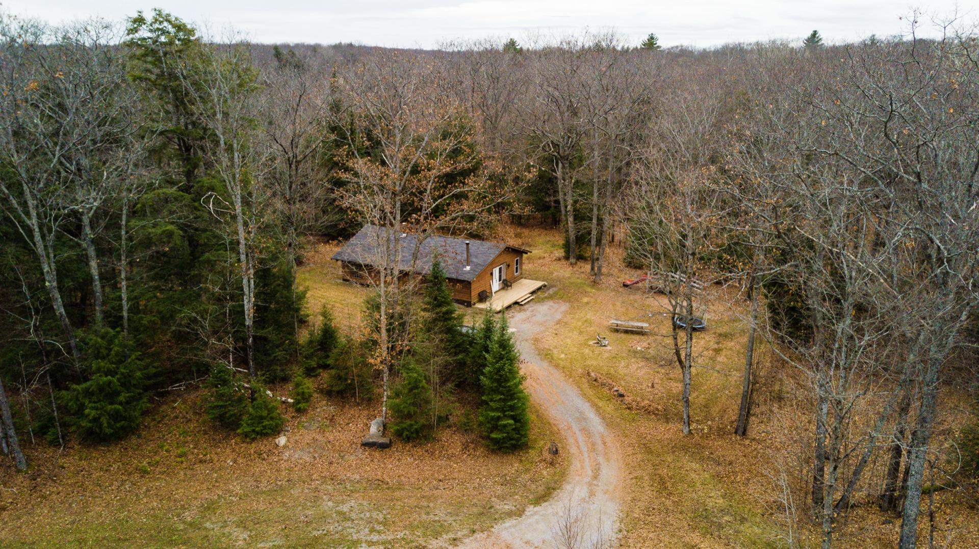 Aerial view of a cabin on wooded acreage with a long winding gravel driveway in late autumn
