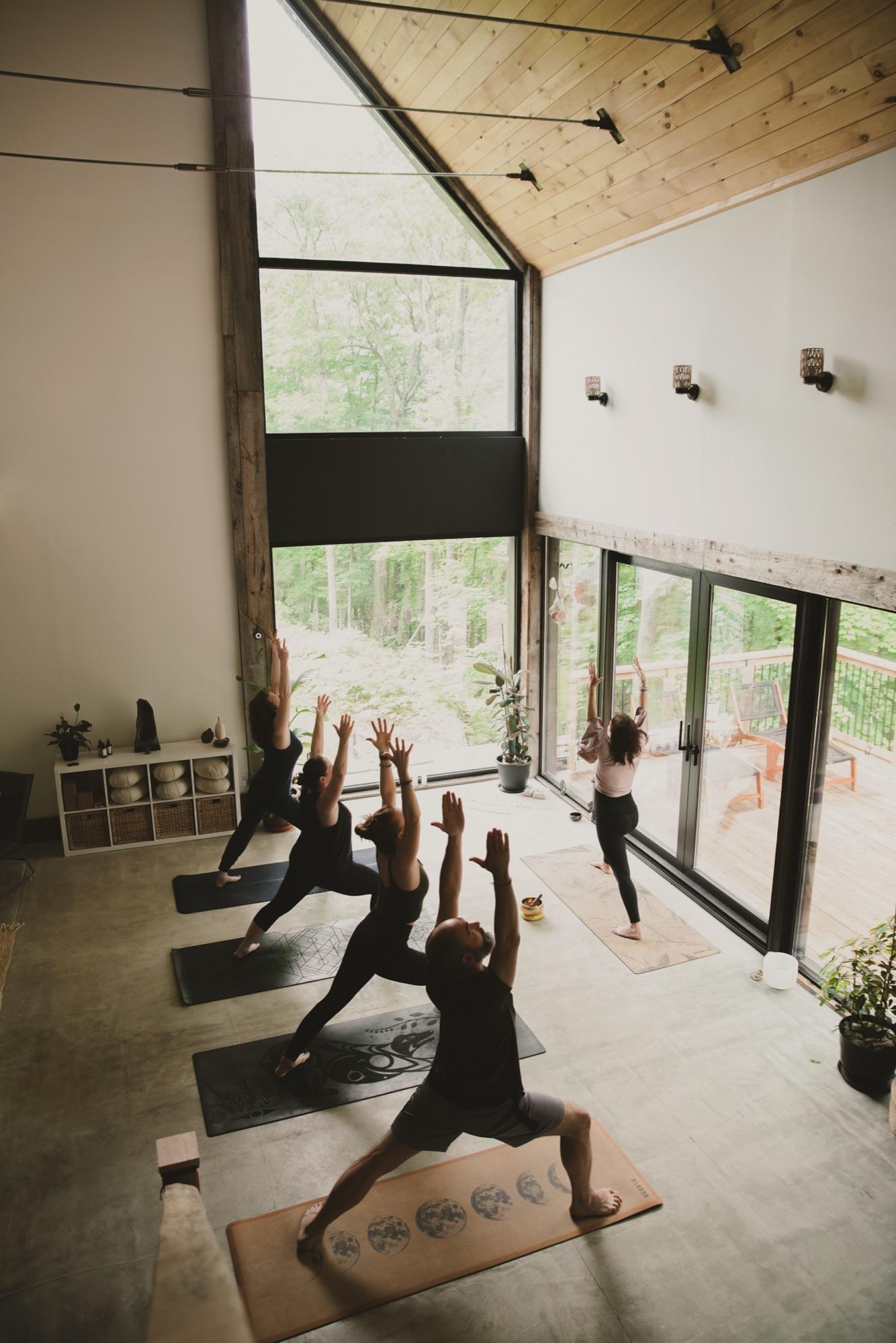 Yoga class in a bright studio with a vaulted pine ceiling and full-height windows onto the forest